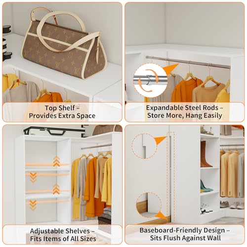 Corner Closet System with 6 Shelves, Custom 39.4"-78.8" Closet Organizer System with 3Hanging Rods, Walk in Corner Closet Organizers and Storage System, Freestanding Closet Storage System Corner,White - color: CL14-White