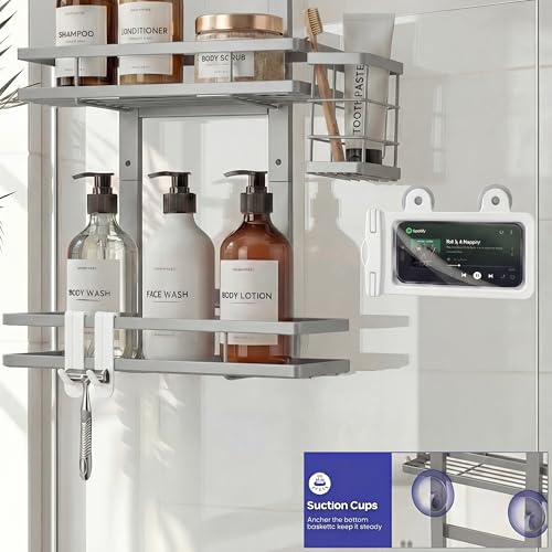 Over the Door Shower Caddy Hanging, Rustproof Shower Shelves with Waterproof Phone Pouch, 2-Tier Adjustable Bathroom Organizers and Storage, No Drilling Shampoo Soap Shelf (Silver 2-Tier) - size: Silver 2-Tier