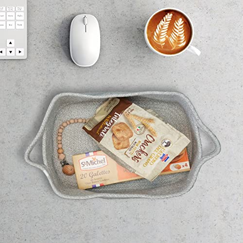 Woven Cotton Rope Storage Basket with Handles for Organizing Shelves Closet Small Cat Dog Pet Toy Baskets Box Bin Decorative Rectangle Baby Nursery basket Gift basket Empty(light grey) - color: light grey