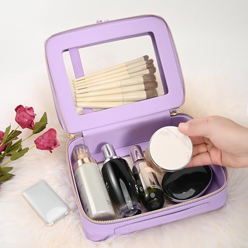 Aveniee Clear Makeup Bags, Double Layer Cosmetic Bags with a Separate Brush Compartment, Large Travel Toiletry Bag Train Case for Women, Travel Accessories Organizer.2 Layers Large, Lilac - color: Lilac, style: Dual Layer Large