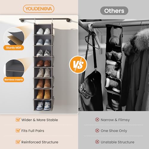YOUDENOVA Upgraded Extra Wide Hanging Shoe Organizer for Closet, 8-Shelf Storage Organizer with 8 Side Pockets, Hanging Shoe Rack for Hats Clothes Jeans, Grey - color: Grey, size: 1 Pack
