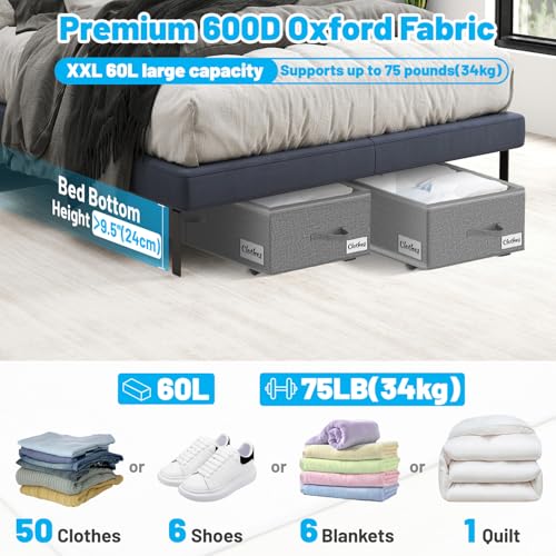 Under Bed Storage with Wheels, 2-Pack 10" Height XXL 60L Rolling Storage Bins, Quick Assembly Underbed Shoe Storage Containers with Clear Lid & Label, Dorm Under Bed Drawers for Clothes, Shoes, Grey - color: Grey-2 Pack, size: 10 Inch Tall - Clear Lid