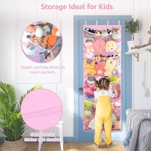 Woodoulogy Hanging Stuffed Animal Storage, Over Door Large Plush Toy Organizer with Metal Hook, Baby Accessory Holder Idea for Nursery, Doll & Bear Mesh Hammock Bag for Girl Boy Kid Room - color: Pink