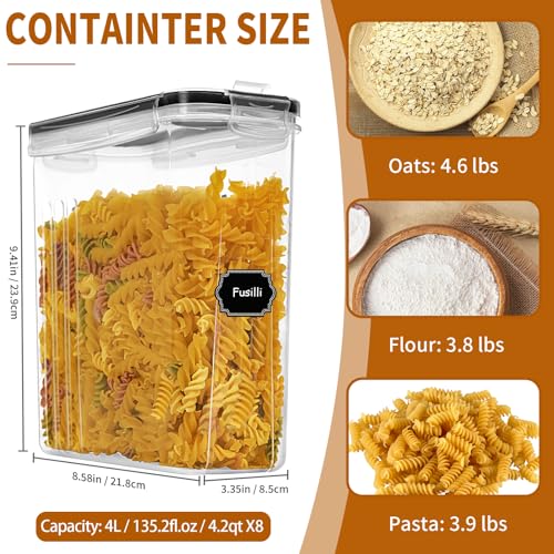 Cereal Containers Storage Set (4L / 135.2oz), 8PCS Airtight Food Storage Containers with Lids, Cereal Dispensers for Kitchen Pantry Organization and Storage with Pour Spout, 20 Labels, Marker - color: 8 Pack