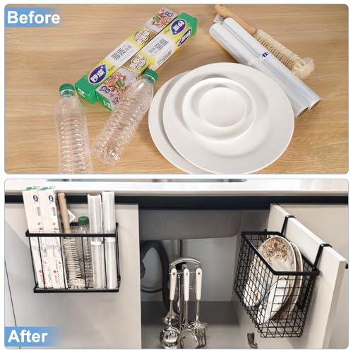 2 Pack Cabinet Door Organizer with Towel Bar, Over The Cabinet Door Storage with Towel Holder for Kitchen Cutting Board,Black