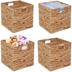 11x11in Storage Baskets 4 Pcs Square Baskets for Cube Shelf,Foldable Handwoven Water Hyacinth Storage Bins for Laundry Organizer