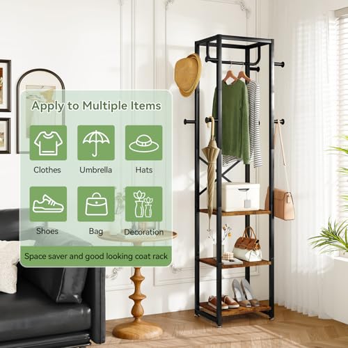 IBUYKE Coat Rack with Shelves, Freestanding Hall Tree with 3 Shelves and 8 Hooks, Industrial Clothes Stand for Entryway, Hallway, Bedroom, Rustic Brown UTMJ088H - color: Rustic Brown