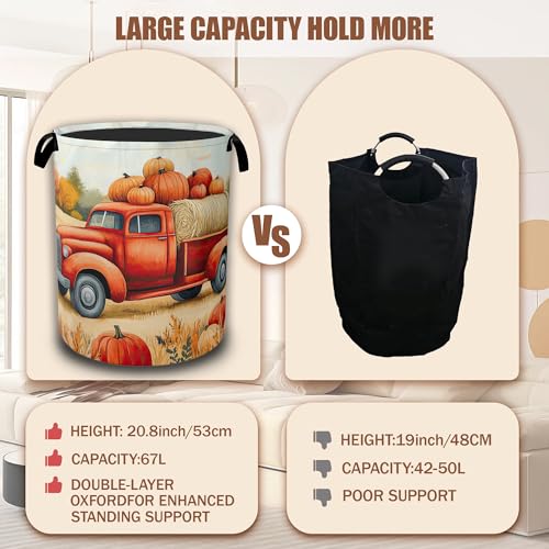 Happy Fall Laundry Hamper,Thanksgiving Day Red Truck and Pumpkin Laundry Baskets,Waterproof Oxford Cloth Toy Storage for Bedroom,Bathroom,Nursery,16x20.8 Inch - color: Happy Fall,Thanksgiving Day Red Truck and Pumpkin