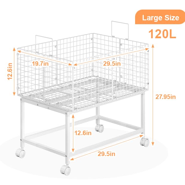 Large Rolling Laundry Basket Cart,Wire Laundry Hamper Cart with Handle and Wheels,White High Laundry Hamper for Laundry Room,Bedroom and Bathroom-120L White (29.5"L*19.7"W*27.95"H inch) - style: Large Oblong-White
