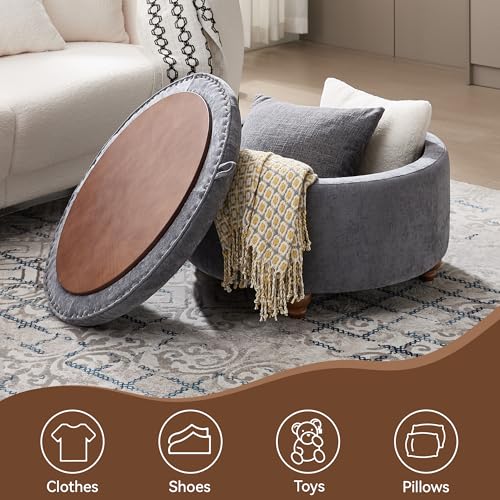 30Inch Round Storage Ottoman with Tray, Modern Tufted Circle Coffee Table with Storage, Upholstered Ottoman with Removable Top for Living Room, Bedroom, Chenille Blue - color: Chenille Blue, size: 30 Inch