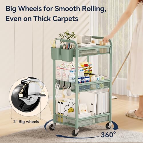 YASONIC 3 Tier Rolling Cart – Metal Utility Storage Carts with Wheels, Craft Carts Organizer with Hanging Cups, Hooks, Mesh Basket for Bedside Kitchen Office Art, Green - color: Green