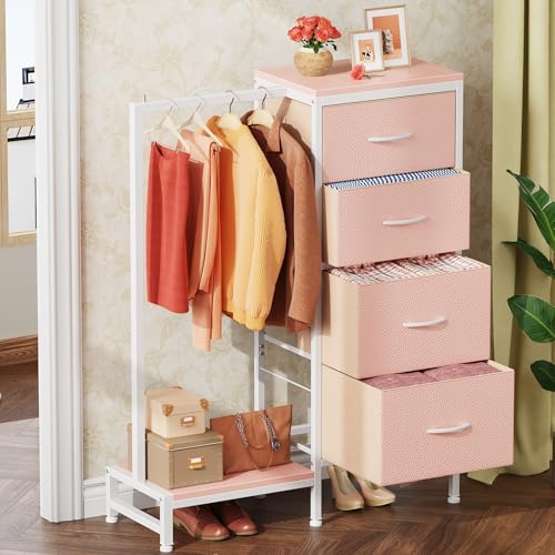 HIGDBFE Dresser with Hanging Rack, 4 Drawers Small Closet for Bedroom, Reversible Fabric Kids Chest of Drawers with Clothes Rack, Tall Storage Tower, Sturdy Frame, Pink, 44''H - color: Pink