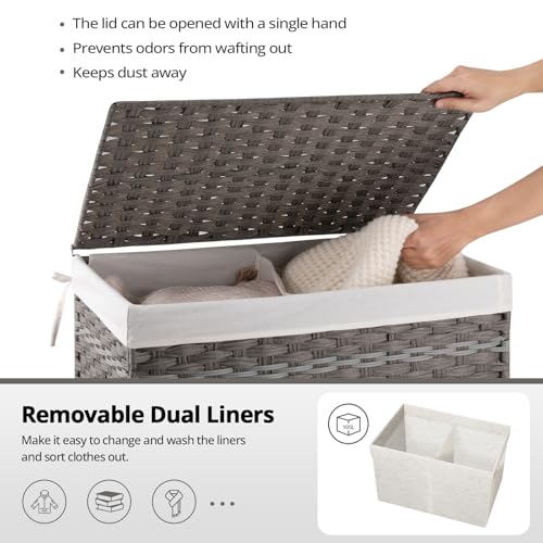OIAHOMY Storage Basket with Lid, 27.7 Gallon (105L) Blanket Basket with Removable Liner Bag, Synthetic Wicker Hamper with Handle, Hamper for Living Room, Grey - color: Grey, size: 105L