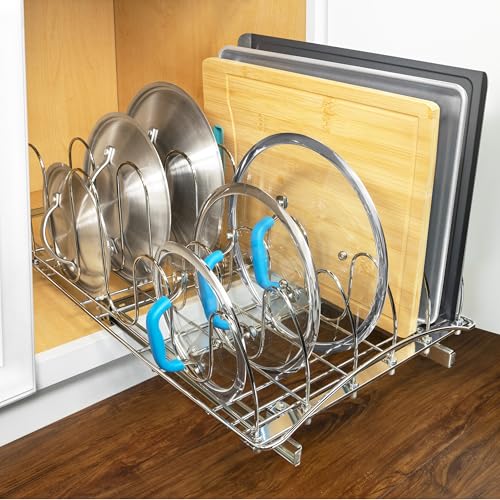 LYNK PROFESSIONAL® Pull Out Pot and Pan Lid Organizer Inside Cabinet - Lifetime Ltd. Warranty – Cookie Sheet Organizer for Cabinet – Slide Out Baking Sheet Organizer - 14W x 21D, Extra-Large, Chrome - size: 14W x 21D x 9H inches