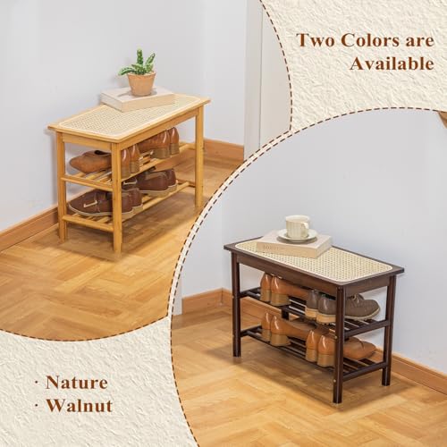 Bamboo Entryway Bench with Woven Rattan Seat, 2-Tier Shoe Storage Bench for Hallway & Entryway 31.5 inches Nature - color: Nature, size: 31.5 inch
