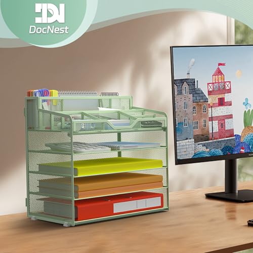 Docnest 5 Tier Mesh Desk Organizer for Paper Office Supplies – Multi-Functional Letter Tray with 5 Adjustable Compartments, 3 Pen Holders, Desktop Storage for Files, Mail, Stationery – Green - color: Green, size: 12.7" x 9.1" x 13.2"