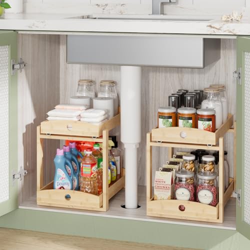 APRTAT 2 Pack Under Sink Organizer, Bamboo Wooden 2-Tier Pull-Out Storage with Sliding Drawers for Kitchen and Bathroom Cabinets, Easy Installation (Natural) - color: Natural