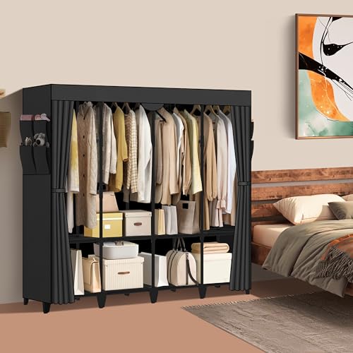 Wardrobe Closet, Quick and Easy Assembly, Black Large Capacity Portable Closet with 4 Hanging Rods 8 Storage Shelves and 8 Side Pockets, Clothes Rack with Cover, for Bedroom and Living Room - color: Black, size: 66 Inch
