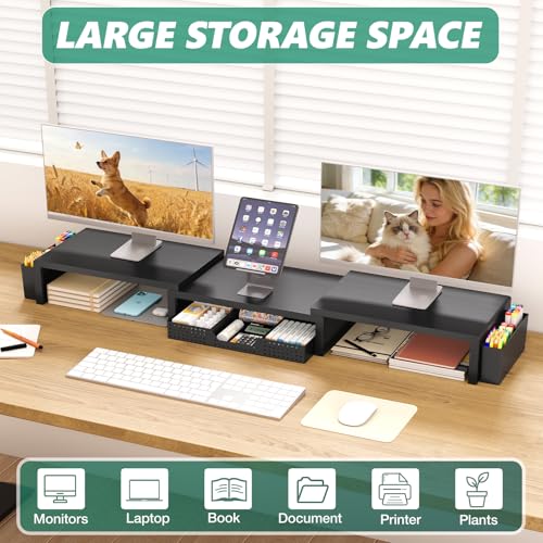 OPNICE Dual Monitor Stand Riser with Drawer and 2 Pen Holders, Desk Organizer for Office Supplies, Computer Monitor Stand for Desk, Workspace Desk Accessories for Home Office, Black - color: Black Upgraded