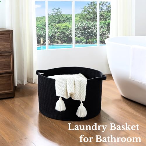 Luxury Little Extra Large Nursery Storage Basket, 22 x 22 x 14 inches - 100% Cotton Rope Baskets with Handles, Blanket Basket for Toys, Blankets & Pillows - Inner Black - color: Pure Black