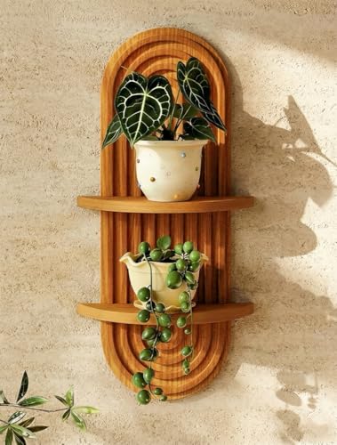 Bamworld Boho Wall Decor Brown Plant Wall Shelf Mid Century Modern Decor Hanging Plant Shelf 16.7in 2 Tier Wooden Floating Shelves for Home Bathroom Bedroom Living Room Office Holding Planter - color: Brown - Glossy, size: 16.7'' -1 Pcs