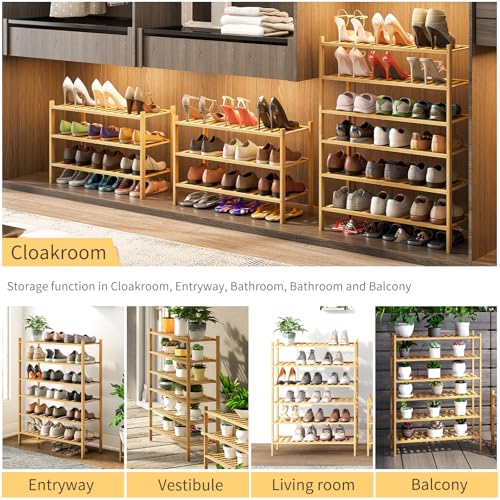6-Tier Bamboo Shoe Rack for Entryway, Stackable | Heavy Duty | Multi-Function, Free Standing Shoe Racks for Bedroom Hallway Closet - color: Natural, size: 6-Tier-Standard