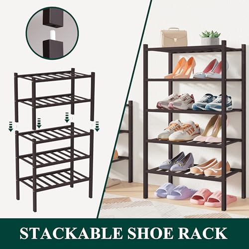 Smiry Bamboo Shoe Rack for Closet, 3 Tier Long Wooden Stackable Shoe Organizer, Free Standing Shoes Storage Shelf for Entryway, Front Door Entrance, Black - color: Black, size: 3 Tier - Long