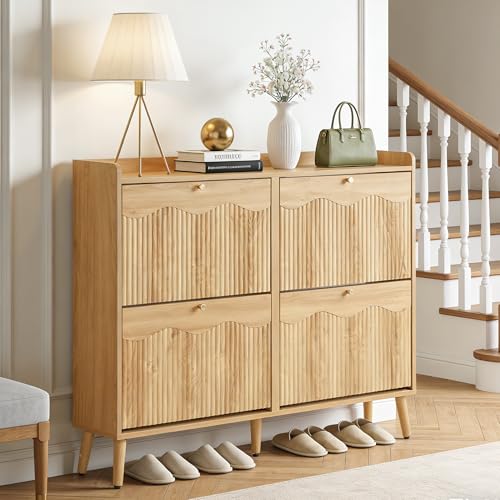 Bifins Shoe Storage Cabinet with 4 Wavy Fluted Flip Drawers, Modern 47.2” Wide Hidden Narrow Shoe Rack Cabinet for Entryway Foyer Hallway (Natural Oak 4 Drawer) - color: Natural Oak 4 Drawer