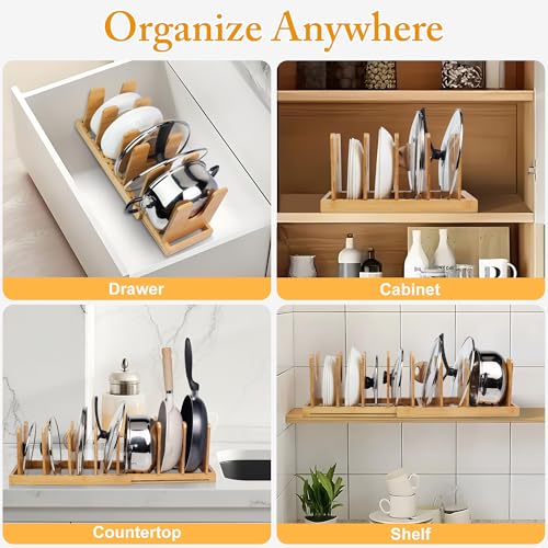 MinBoo Bamboo Expandable Pot Lid Organizer, Pot and Pan Organizer Drawer Organizer for Pot Lids, Adjustable 10 U-Shaped Dividers for Kitchen Cabinet Organizers and Storage (Bamboo-1)