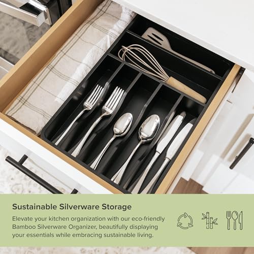 KitchenEdge Silverware Organizer - Cutlery, Flatware, and Utensil Holder for Kitchen Drawers, Fixed 10.5” Width, 7 Storage Compartments, Non-Slip Feet, Rounded Corners, 100% Bamboo, Black Finish - color: Black Bamboo
