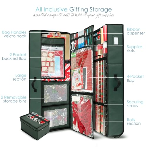 Hearth & Harbor Holiday Storage with Extra 2 PC of Christmas Storage Bins and Ribbon Storage Organizer - Fade Resistant Wrapping Paper Storage Containers with Wheels Fits Up to 30 Rolls of 40" Length - color: Green, size: Extra Large