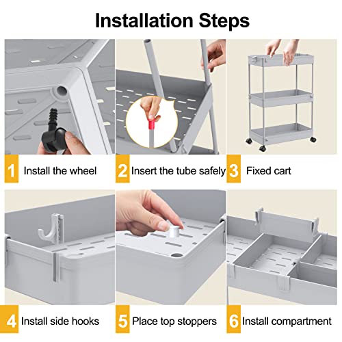 SPACELEAD 3 Tier Rolling Cart with Wheels, Storage Craft Art Trolley Organizer Serving, 3 Hanging Baskets Easy Assembly, for Office, Living Room, Kitchen, Gray - color: Grey