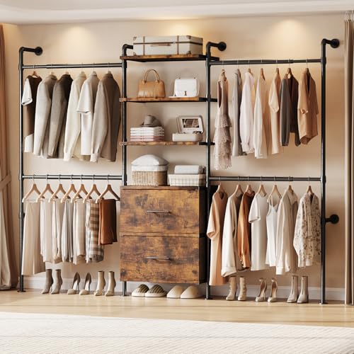 ONBRILL T2 Wall Mounted Industrial Pipe Clothing Rack, Closet Organizers and Storage System with 2 Drawers, 6 Wooden Shelves & 4 Expandable Rods, Heavy Duty Garment Rack, Wardrobe (Rustic Brown) - color: Rustic Brown