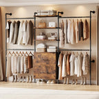 ONBRILL T2 Wall Mounted Industrial Pipe Clothing Rack, Closet Organizers and Storage System with 2 Drawers, 6 Wooden Shelves & 4 Expandable Rods, Heavy Duty Garment Rack, Wardrobe (Rustic Brown) - color: Rustic Brown