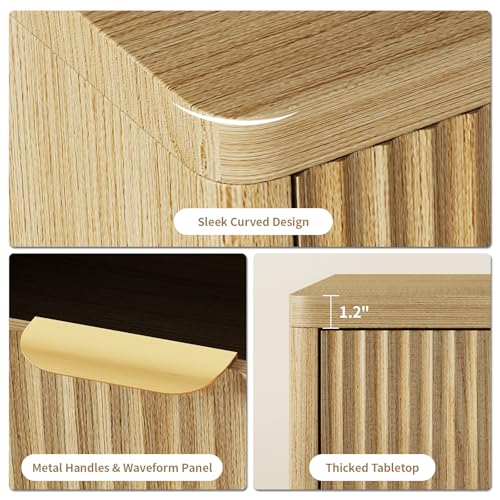 Fluted Nightstand with Charging Station, 22.8Inch Wide Bedside Table End Table with Drawer, Curved Corners, Modern Bedside Table for Bedroom, Living Room, Sofa, Oak - color: Rectangle - Oak