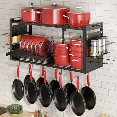 31 Inch Pot Rack Wall Mounted，3 in 1 Pots and Pans Organizer with 2 tier Kitchen Racks & Pot Lid Organizer Holder and 20 Hooks,Heavy Duty Hanging Pot Hanger for Kitchen Cookware, Utensils, Black - style: with Pot Lid Holder