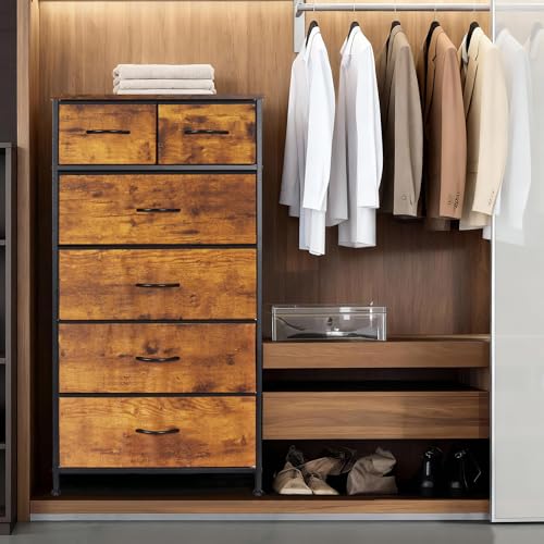 Mifuro Tall Dresser for Bedroom, Vertical Storage Organizer Tower with 6 Drawers, Chest of Drawers with Fabric Bins, Steel Frame, Wood Top for Bedroom, Closet, Entryway- Rustic Brown - color: Rustic Brown, size: 6 Drawers