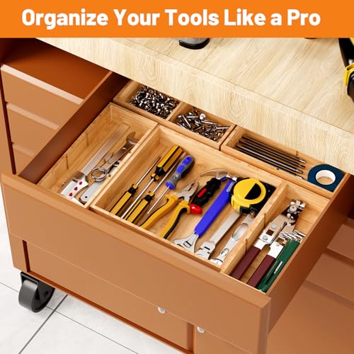 SpaceWhisper Bamboo Drawer Organizer, 5-Piece Drawer Divider with Removable Dividers for Organization and Storage, Multi-Use Stackable Storage Box & Utensil Holder for Kitchen, Office, Makeup & More