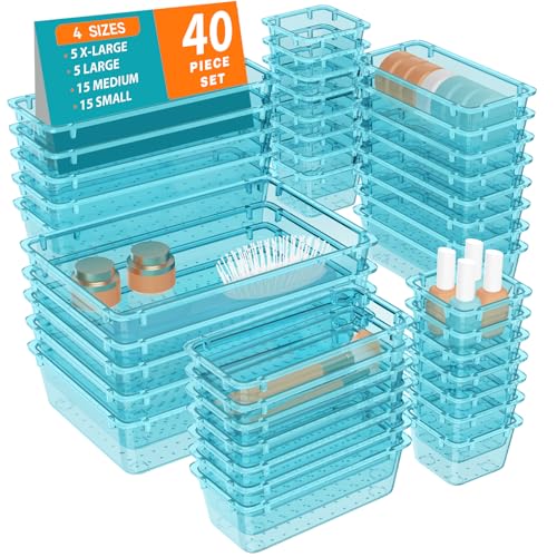 WOWBOX 40 PCS Plastic Drawer Organizer Set, 4 Sizes Desk Drawer Organization and Storage Containers for Makeup, Cosmetics, Jewelry and Gadgets in Kitchen, Bathroom, Bedroom, Office, Clear Sea Blue - color: Sea Blue, size: 40 PCS