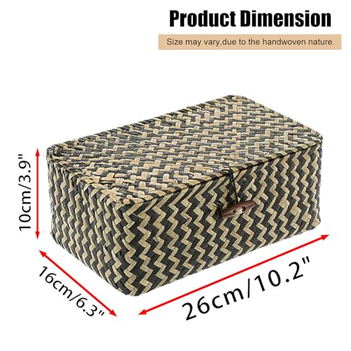 Hipiwe Seagrass Storage Baskets with Lid Woven Wicker Storage Bins for Organizing Natural Rectangular Home Organizer for Bedside Living Room Entryway Table,10.2" x 6.3" x 3.9" - color: Black, size: Small