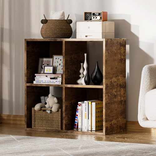 COMHOMA 4 Wood Cube Storage Organizer with Open Back and Removable Back Panels, 11In Brown Cube Storage Bookshelf, Cubicle Shelf Bookcase for Home Office Bedroom Living Room, Vertical or Horizontal - color: 4 Cube-brown