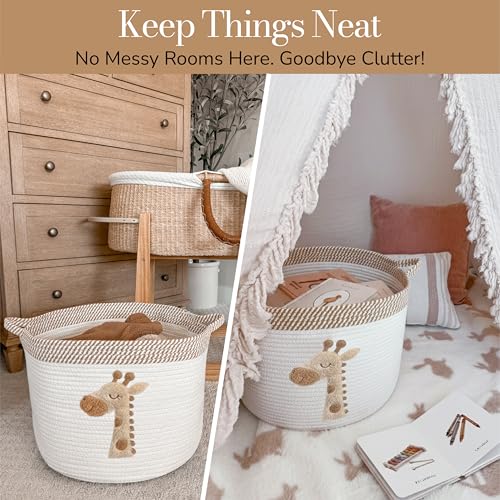 Giraffe Storage Basket for Nursery – Large 15”x11” Cotton Rope Bin with Soft Felt Animal Patch – Toy Organizer, Baby Laundry Hamper, Diaper & Towel Holder – Foldable, Washable & Baby-Safe - color: Giraffe