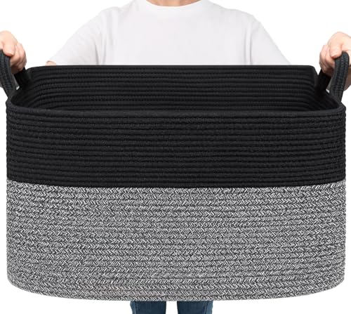 Goodpick Large Woven Blanket Basket 21.6" x 14.9" x 11.8" Storage Baskets for Organizing, Rectangle Baby Toy Bins for Kids Organizer Living Room Bedroom, Black & Gray - color: Black & Gray, size: Large(21.6"L x 14.9"W x 11.8"H)