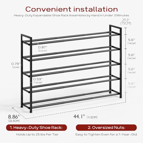Bumusty 5-Tier Long Expandable Shoe Rack for Closet, 18"-44" Adjustable Shoe Rack for Entryway, 25-30 Pairs Large Shoe Organizer Shelf Storage, Sturdy Metal, Black - color: Black, size: 5-Tier