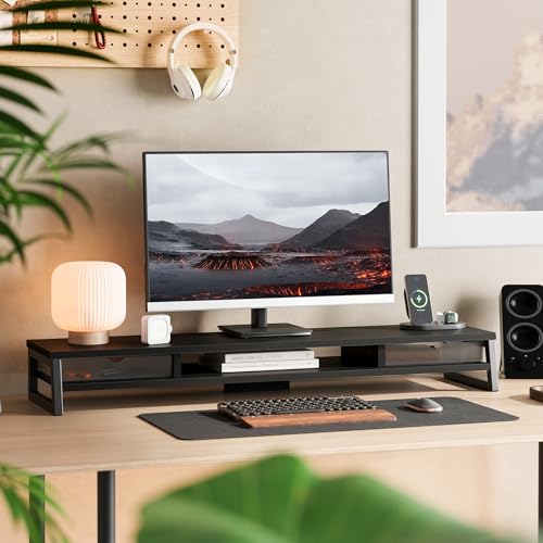 Fenge Dual Monitor Stand, Monitor Riser with Drawer, 42.5 Inch Large Computer Monitor Stand for 2 Monitors, 2 Tier Wooden Desk Shelf for Top of Desk - color: Black
