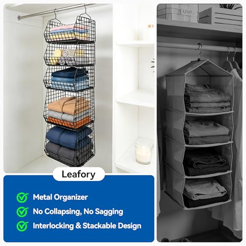 5 Tier Metal Hanging Closet Organizer with 2 Extra Tall Storage Baskets & 3 Standard Wire Baskets, Heavy Duty Foldable Closet Organizer with Protective Liners for Sweaters, Jeans, Handbags, Tower