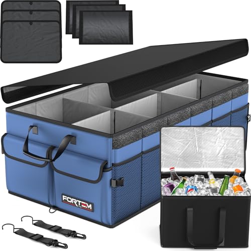 FORTEM Trunk Organizer with Cooler For SUV Car Trunk, Foldable Storage, Car Accessories for Women Men, Collapsible Bag, Perfect Christmas Gifts, 600D Oxford, Non Slip Bottom, Straps, Soft Cover (105L) - color: Blue, size: XXL (105L)
