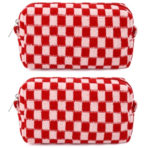 SOIDRAM 2 Pack Checkered Makeup Bag for Women, Cute Makeup Pouch Small Makeup Bag Travel Cosmetic Organizer for Toiletries, Brushes & Skincare - color: Red checkered, size: 2 Pack