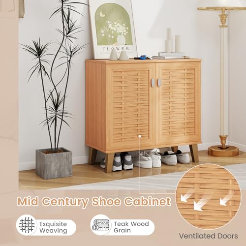 Giantex Shoe Cabinet with Doors, 4-Tier Farmhouse Shoe Rack Cabinet with 3 Adjustable Shelves, Freestanding Wood Shoe Storage Cabinet for Entryway, Closet, Hallway, Living Room