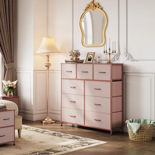 WLIVE 9-Drawer Dresser, Fabric Storage Tower for Bedroom, Hallway, Entryway, Closet, Tall Chest Organizer Unit with Fabric Bins, Steel Frame, Wood Top, Easy Pull Handle, Pink - color: Pink